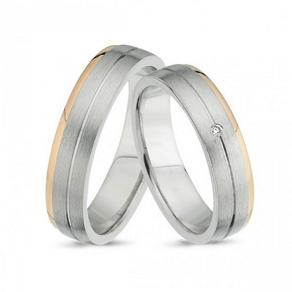 Unikke Nuran vielsesringe i 14 karat hvidguld med silkemat finish, guldbånd og 0,01 ct diamant.